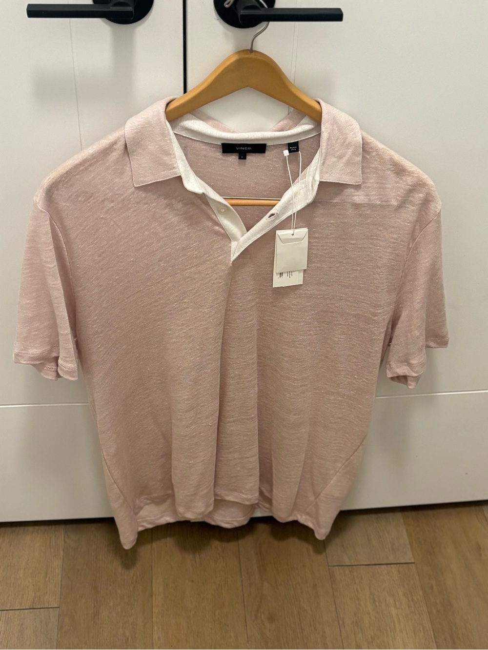 Vince Light Pink Linen-Blend Open Collar Polo